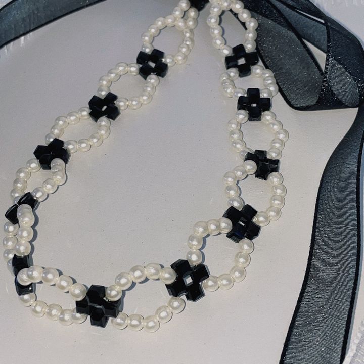 mix pearl ribbon tie choker
