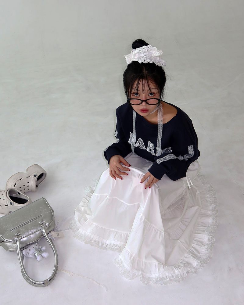 Lace Choker Muffler Set Cropped Sweatshirt