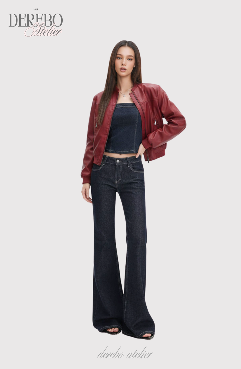 Deep green paper flared long denim pants