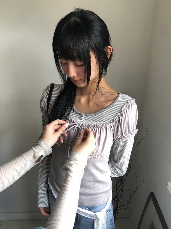 デトシャーリングハートネックレースリボン半袖Tシャツ
