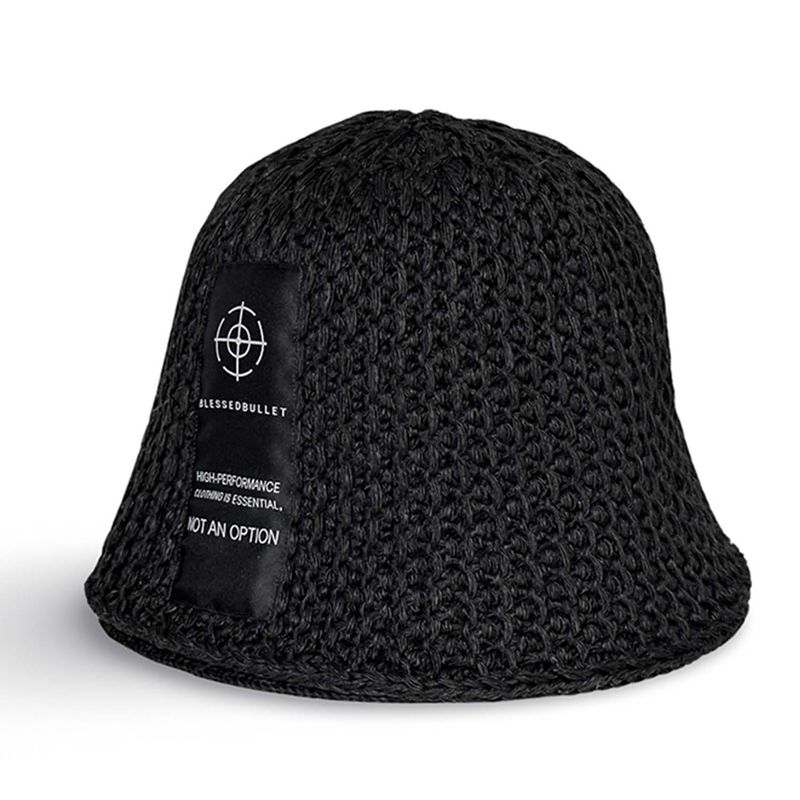 Over size long logo knit bucket hat_cold black