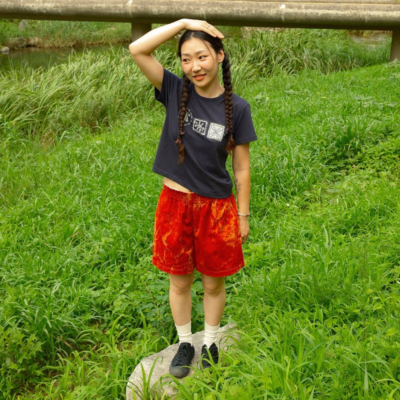 (w) Stamp crop half T-shirts / Navy