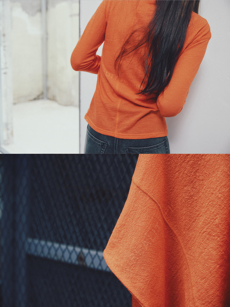 Unbalanced Stitch Turtleneck Tee Orange