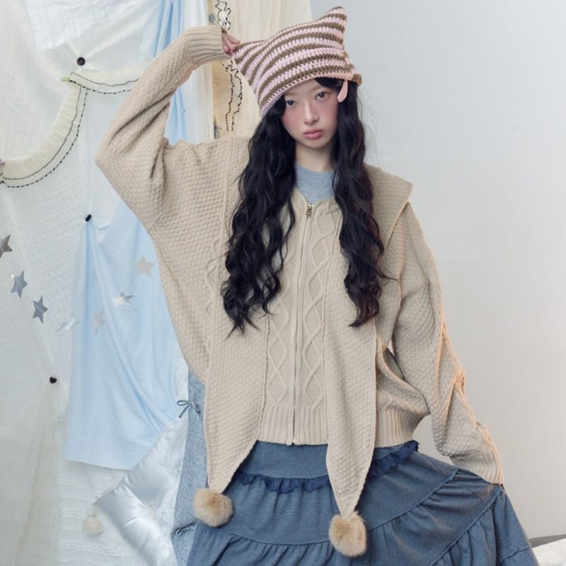 La mode MAQI(ラ モード マキ)の「Vintage Knit Balaclava Hood Cardigan Set(Tops)」