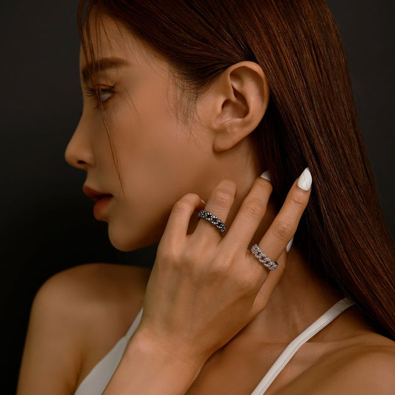  [S925] Stones Cuban Ring (white,silver)