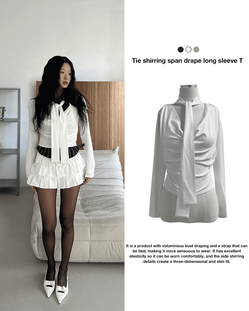 GUSTA（グスタ）の「Tie shirring spandex drape long sleeve t-shirt (3 colors)（Tops）」