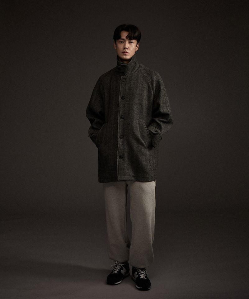 BALMACAAN HERRINGBONE WOOL CASHMERE HALF COAT BLACK