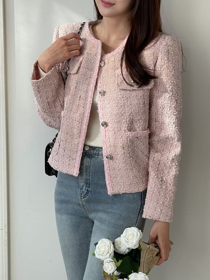 Lock color matching round pearl tweed jacket