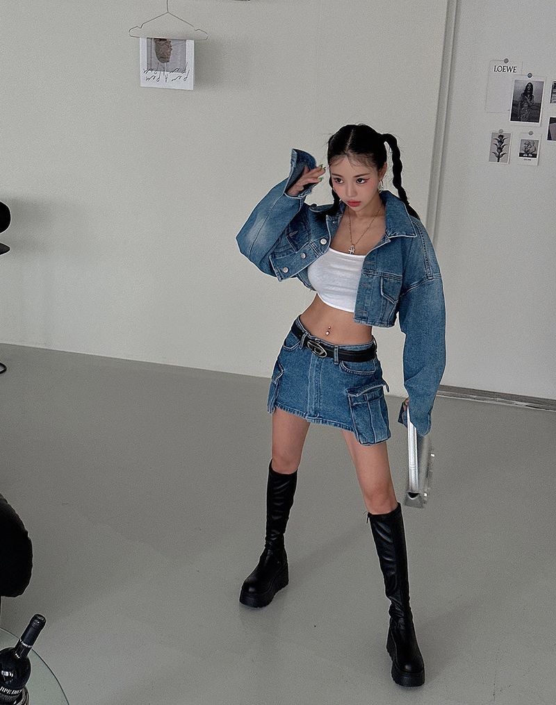 Wafer pocket cropped jean jacket