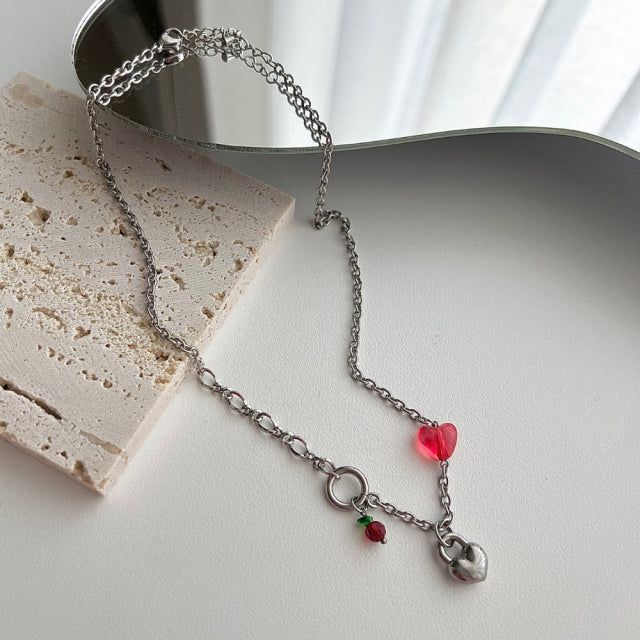 chi Kitchee Cherry Beads Heart Lock Handmade Necklace