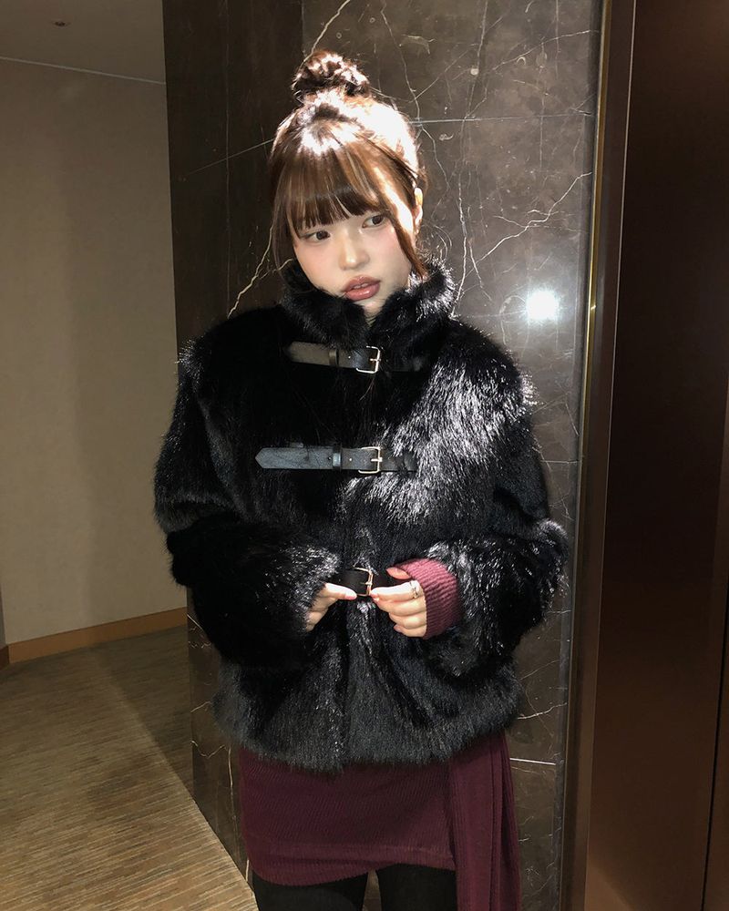 Eri Buckle High-neck Fur Short Jacket