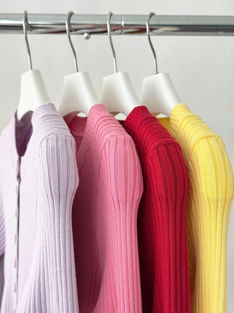 Color Round Neck Ribbed Button Cardigan