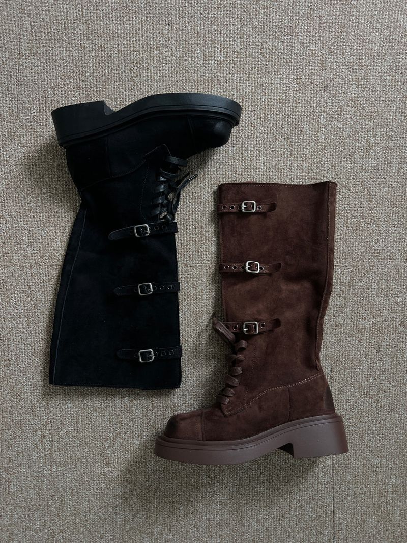 Kelvo Triple Buckle Belt Lace-Up Suede Oversole Long Boots (2 Colors)