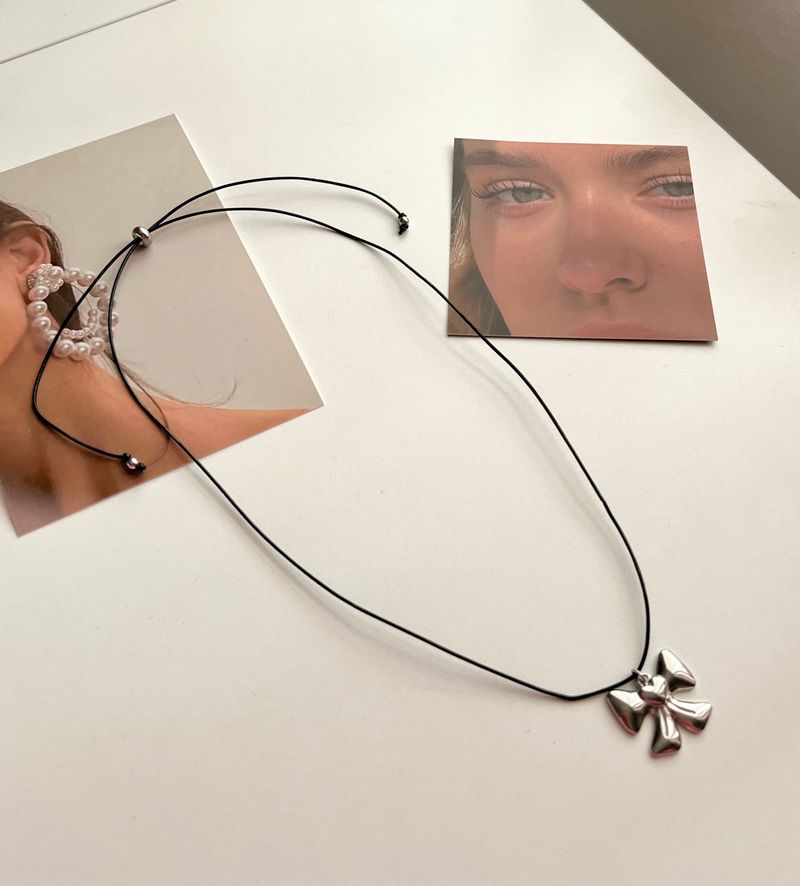 yun Big Ribbon Heart Stainless Steel Cowhide Rope Strap Strap Long Layered Necklace