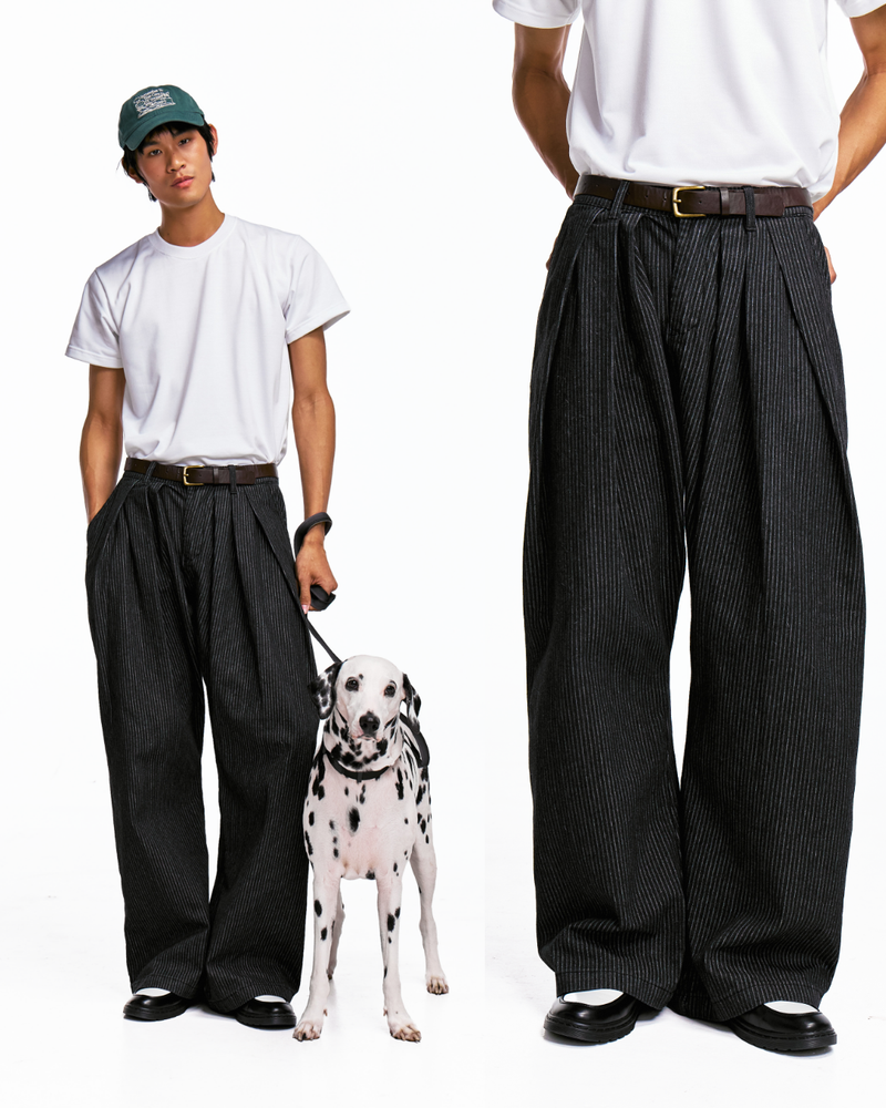 Pinstripe Pleated Baggy Jeans (Black)