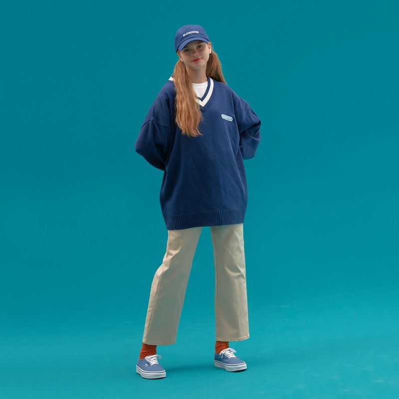BASIC V NECK  KNIT SWEATER_BLUE