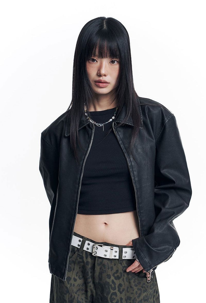 Washed Leather Crop Jacket - Black