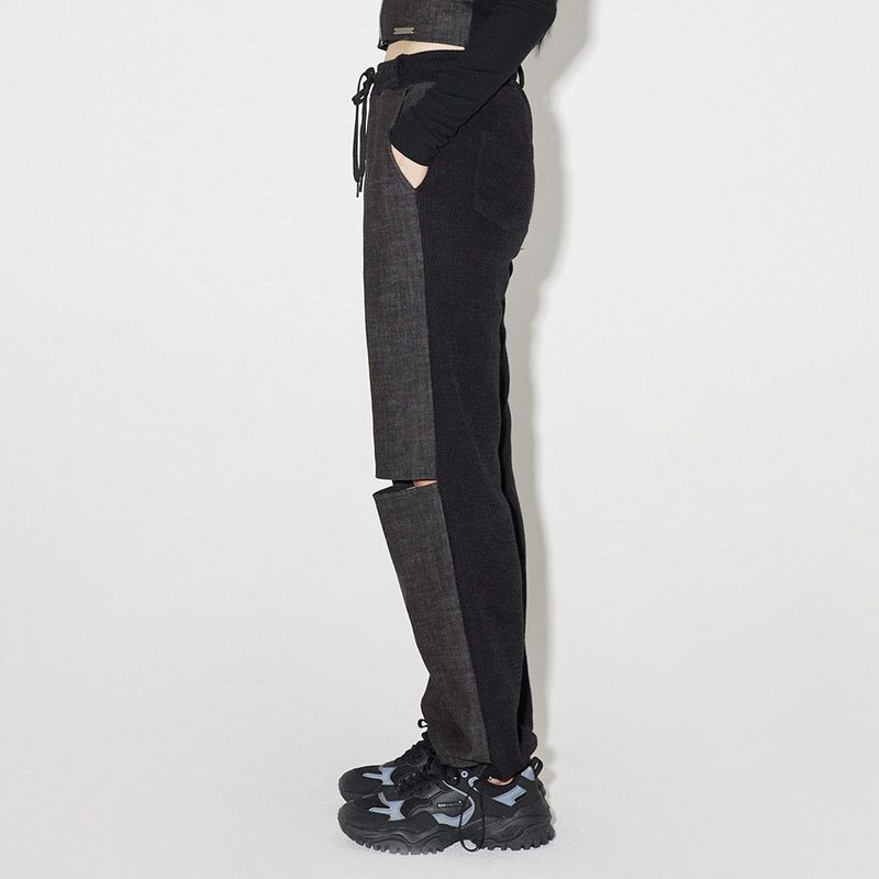 デニムニットブロッキングパンツ / Denim Knit Blocking Pants [BLACK]
