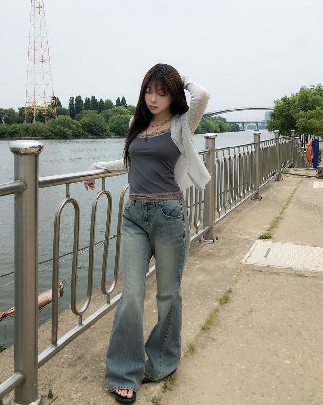 Tier Cat Washed Semi-Bootcut Denim Pants