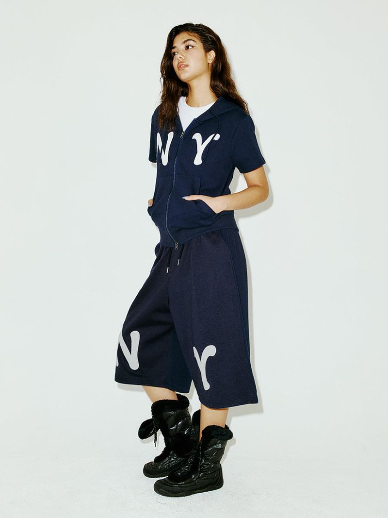 NY APLIQUE SS HOOD ZIP UP NAVY