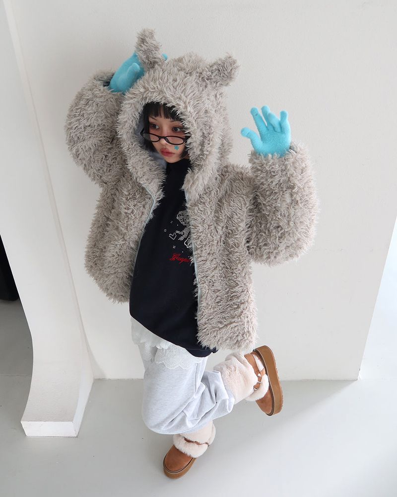 Rabbit ear hood zip-up soft fur jacket
