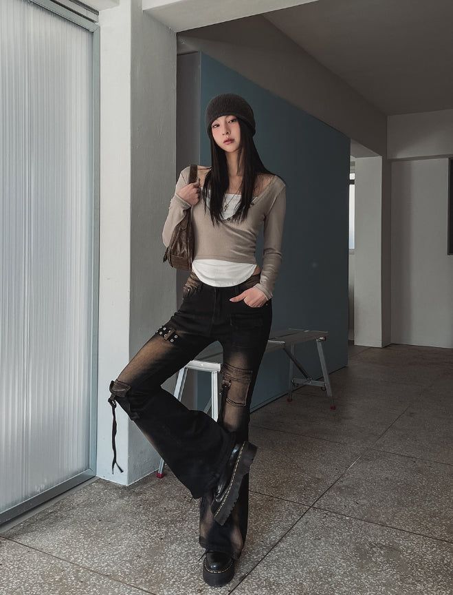 Ash Ribbed Deep Button Layered Long Sleeves