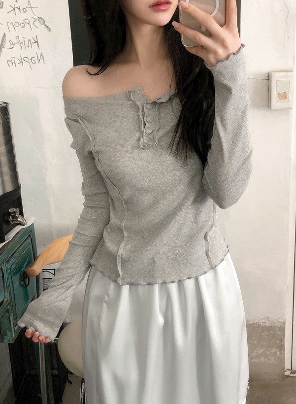Off Shoulder Half Button Slim T-shirt (3color)