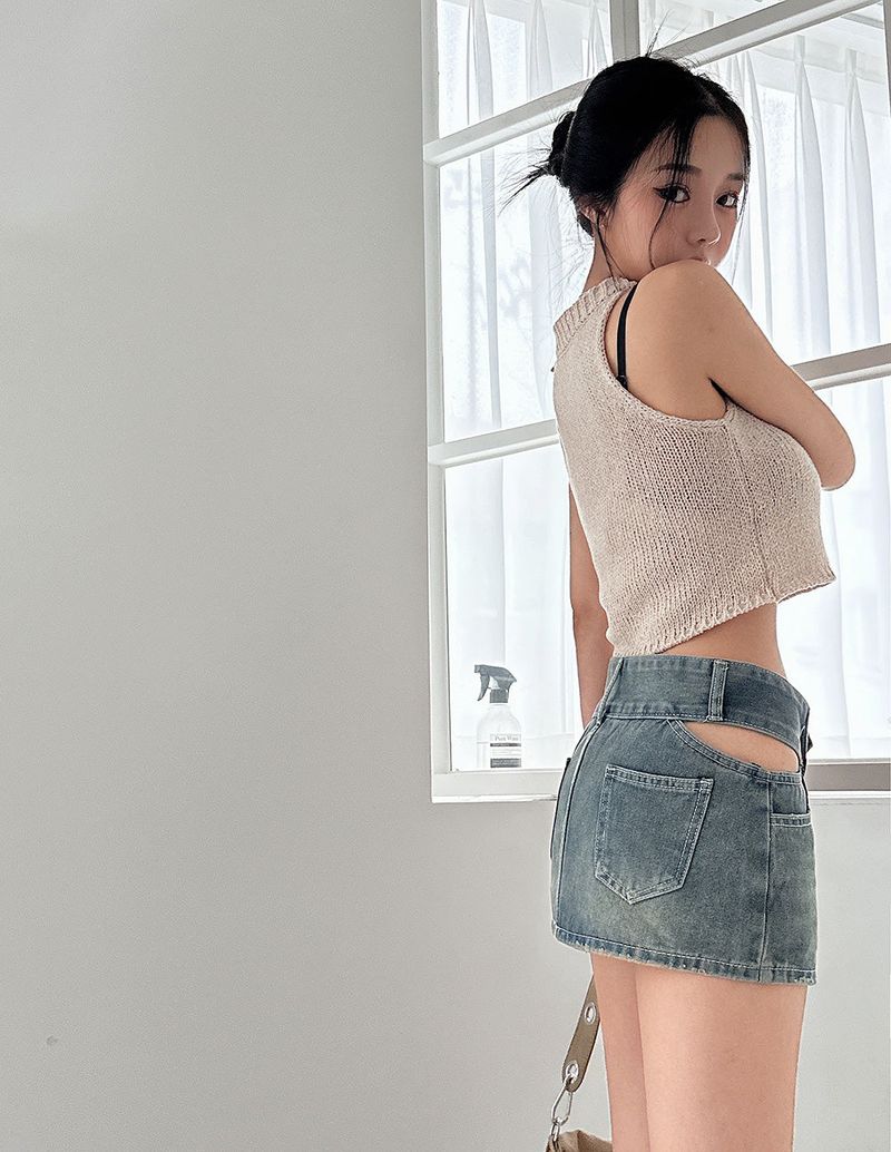 Cutting Lowrise Denim Miniskirt