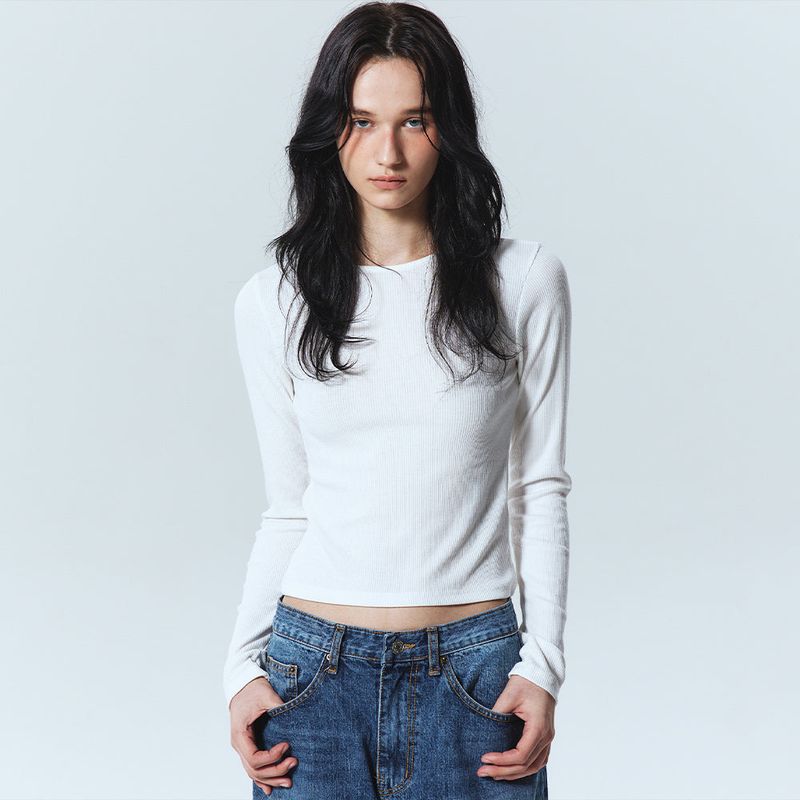 RIBBED SEMI CROP ROUND TOP_GRAY