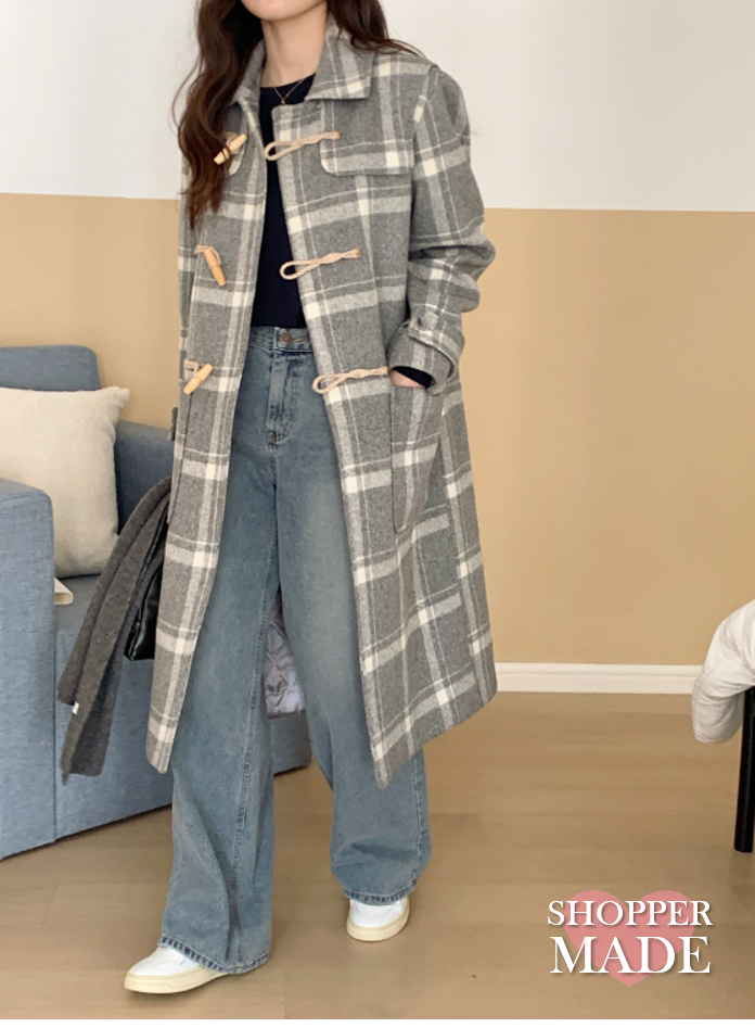 SHOPPERLAND（ショッパーランド）の「[SHOPPERMADE] アッシュグレーチェックウールロングダッフルコート（ジャケット/アウター）」