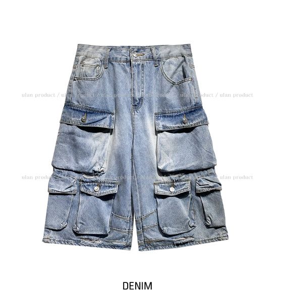 Super Pocket Cargo Half Denim Pants