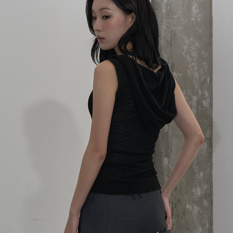 MESH HOODED SLEEVELESS TOP (BLACK)