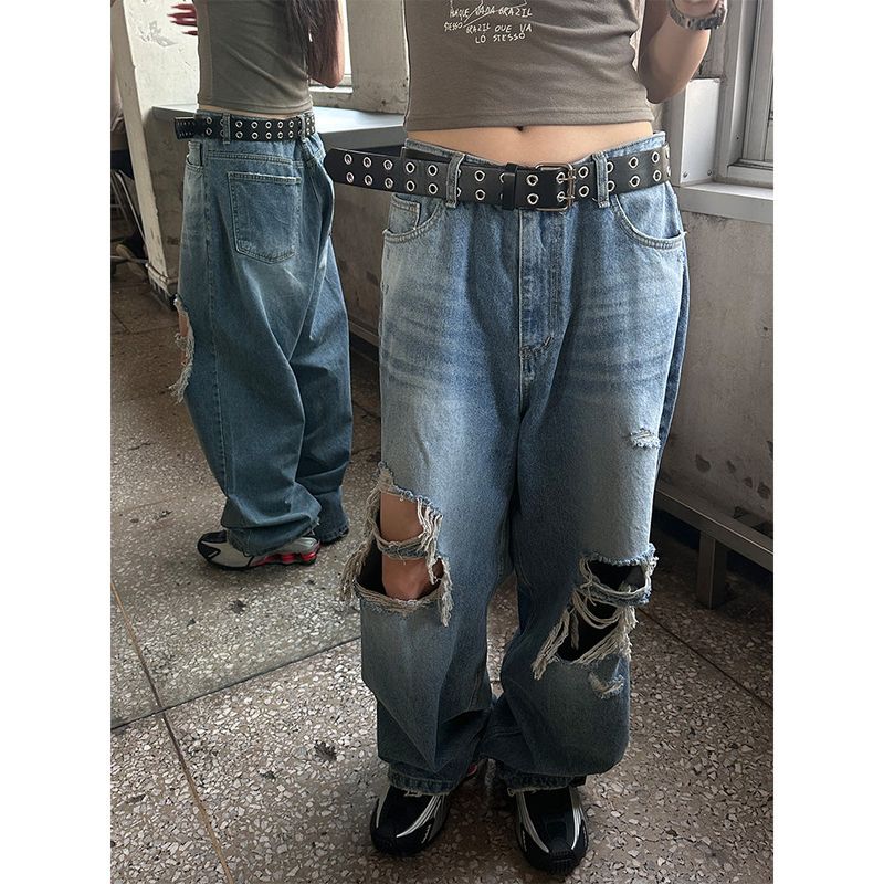  [Unisex] Knee destroyed wide denim pants