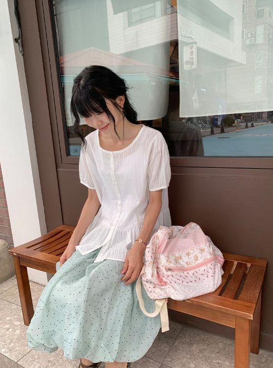 Roden Frill Cotton Balloon Short Sleeve Blouse