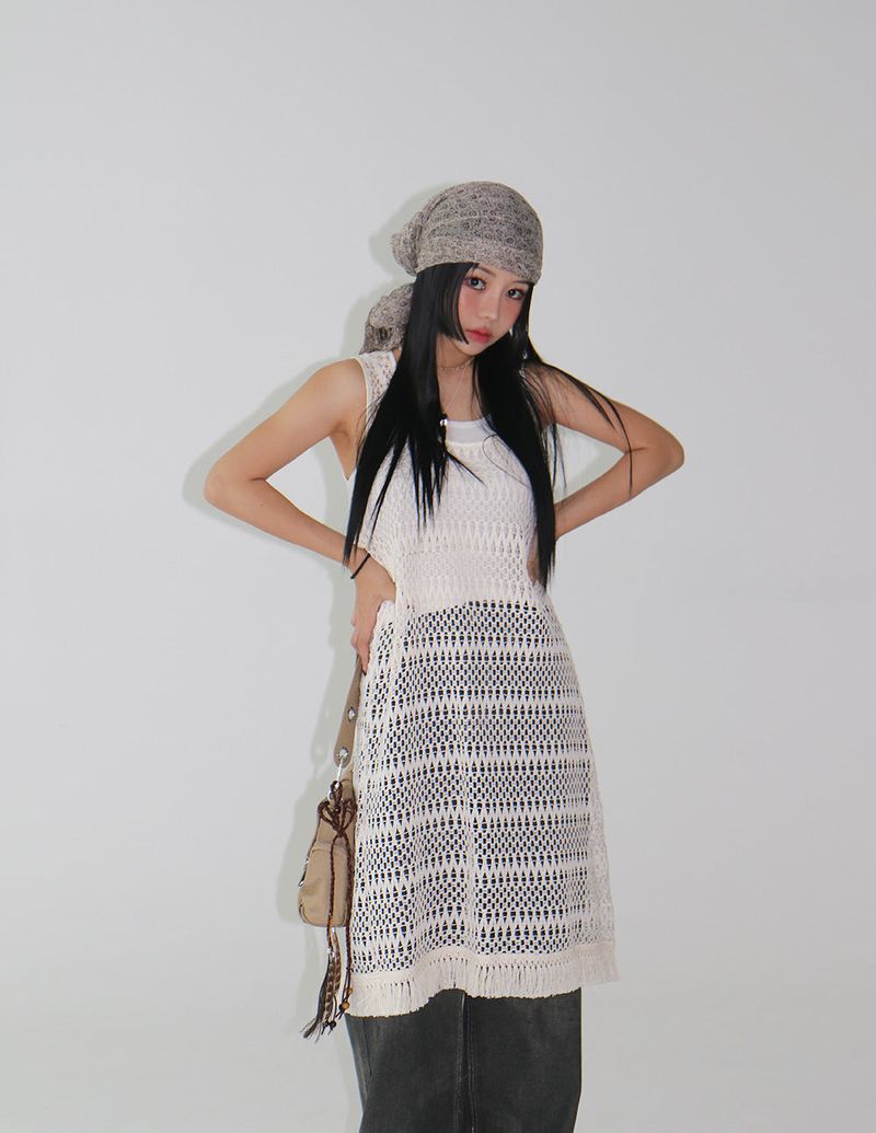 Fringe Mesh Crochet Layered Dress