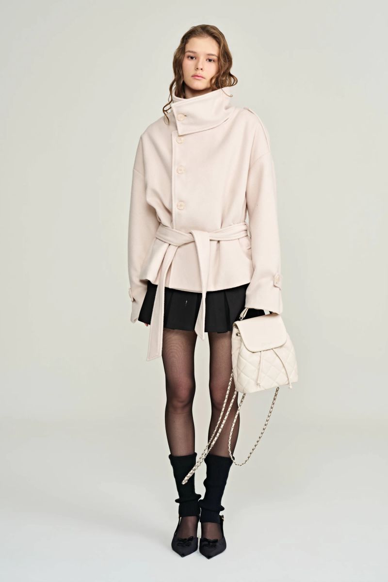 Cream rose high-neck wool coat, Baby Pink