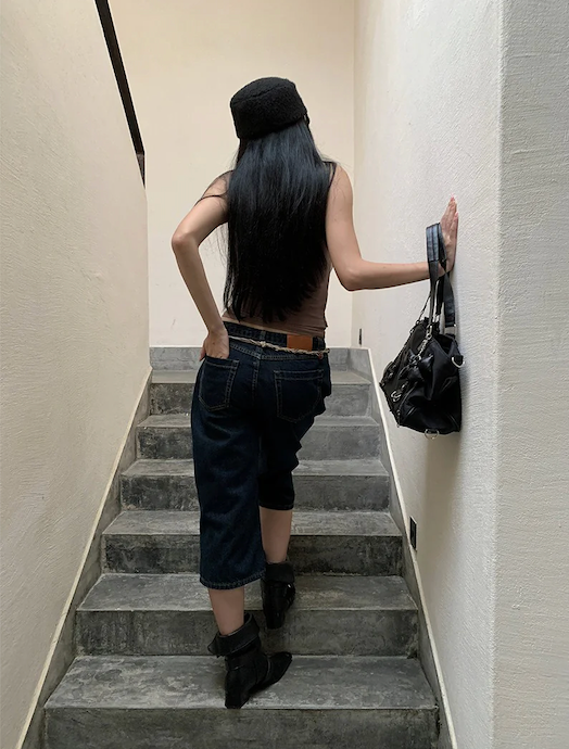 Retro straight capri denim pants