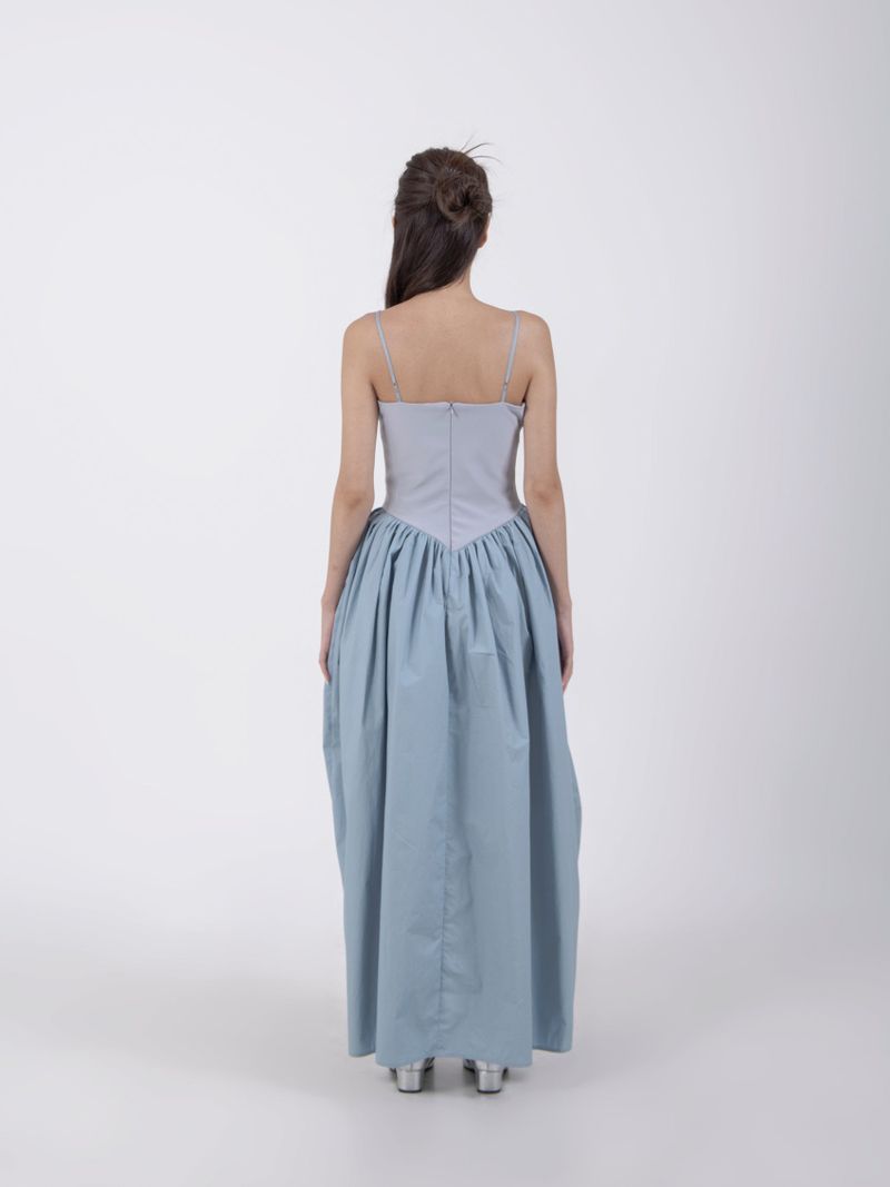 UNBALANCED SHIRRING LONG DRESS #BLUE