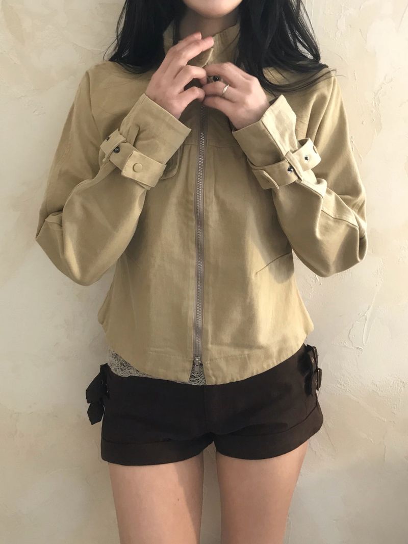Luen High-neck Belt Raglan Cotton Jacket