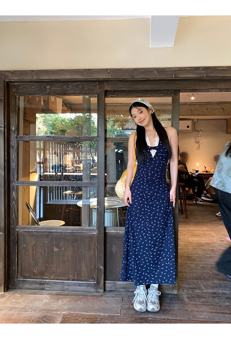 Navy Halterneck Flower Long Dress