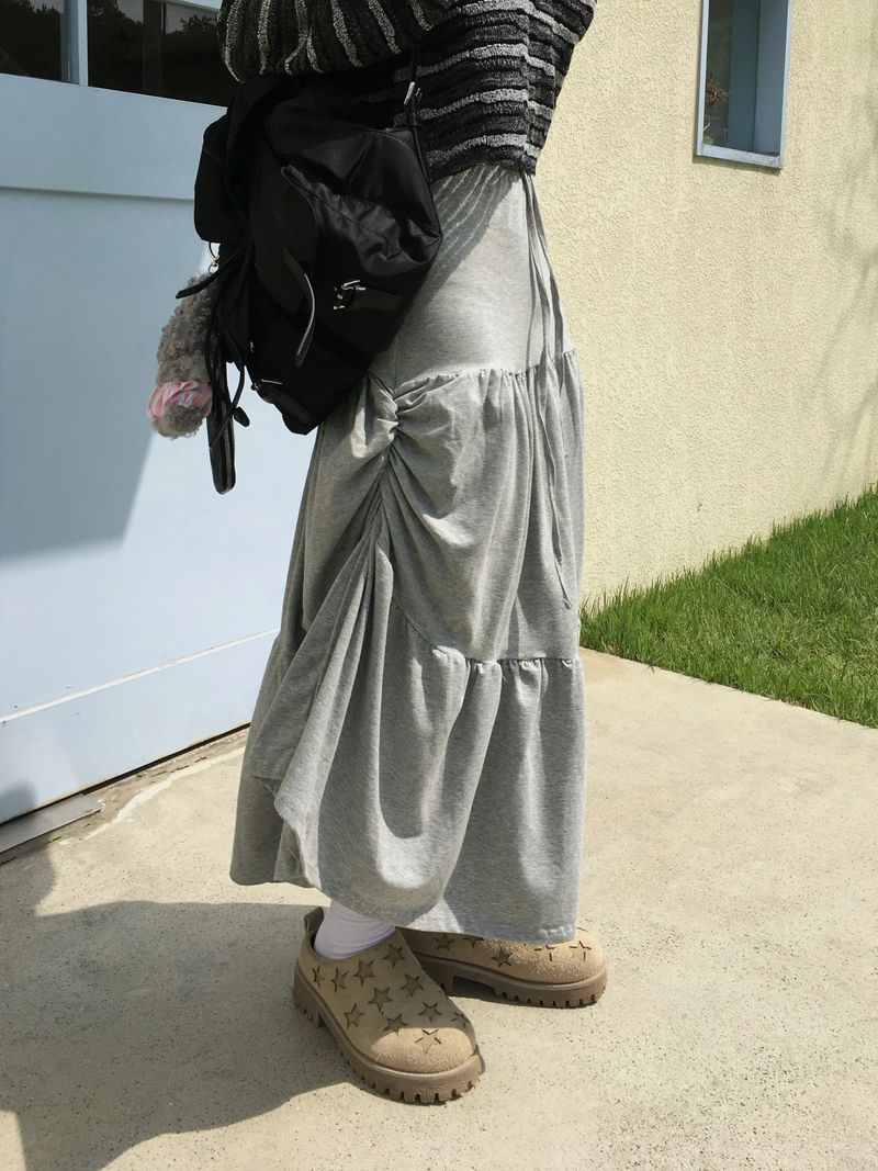 Shuming Unbal Shirring Banding Long Skirt (2c)  