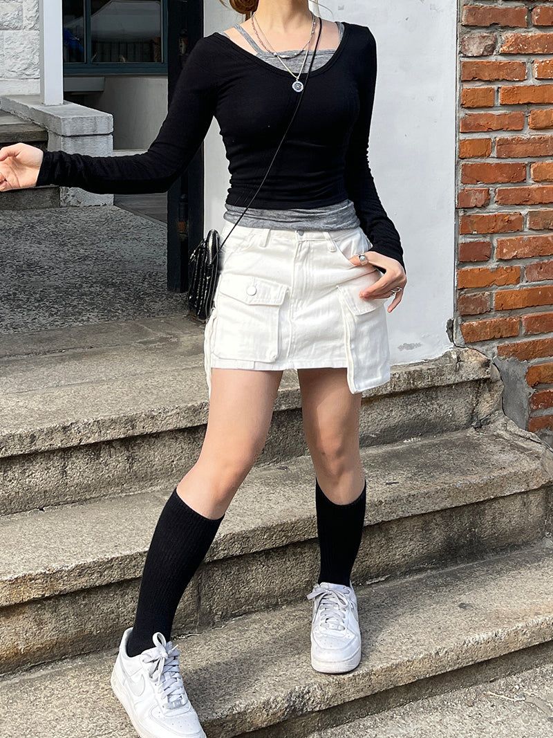 Multi-Unbalanced Pocket String Cargo Mini Skirt