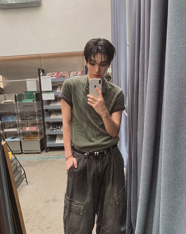 Wheat Pigment Rib Muscle Henley Neck Short Sleeve T-shirt