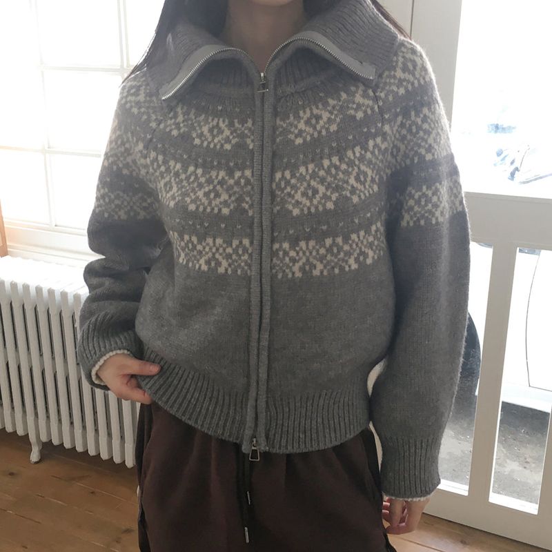 Helky Nordic Pattern Two-Way Knit Zip-Up