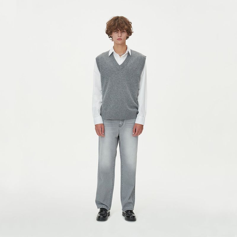 LAMBSWOOL V NECK KNIT VEST_GRAY