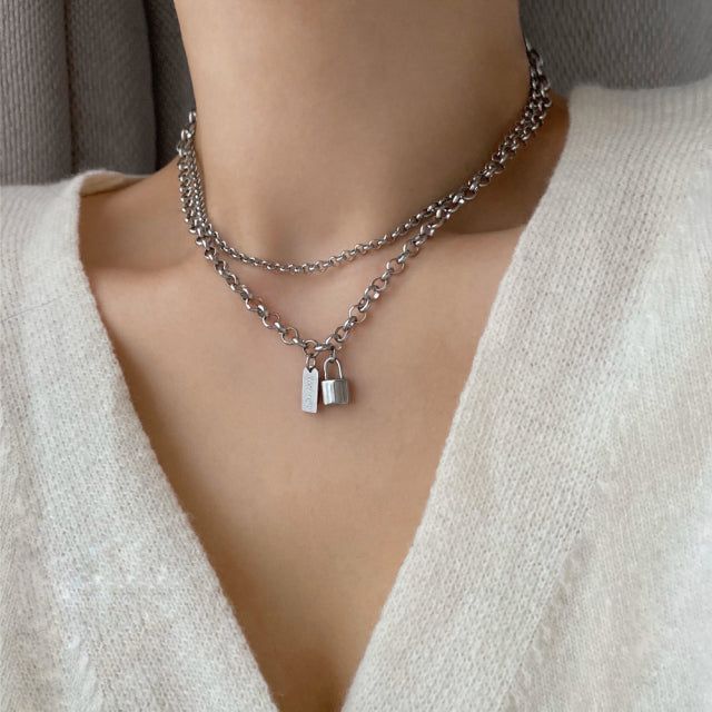 jmul Bold Lock Two Lines Chain Choker Necklace