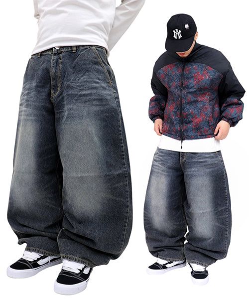 Wide Vintage-Washed Denim Balloon Pants