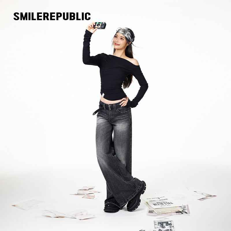 Black Rhinestone Embellished Cotton Blend Asymmetrical Off-Shoulder Long Sleeve Knit Top for Women