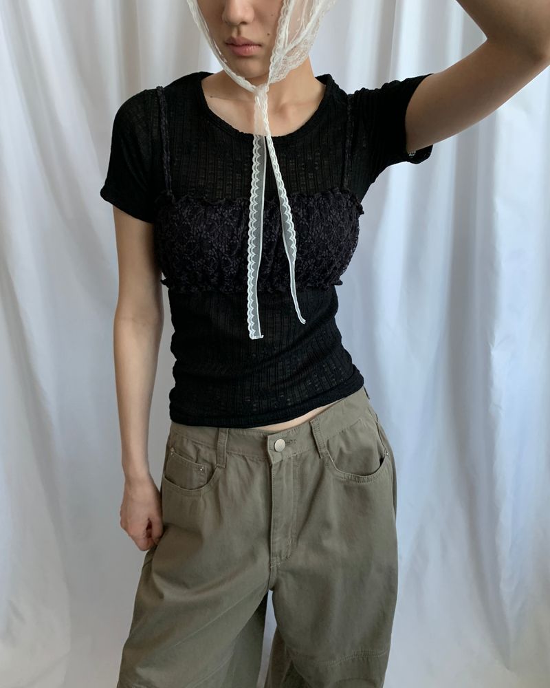 MDNC（エムディーエヌシー）の「レーススパンTシャツ [ブラック]（トップス）」