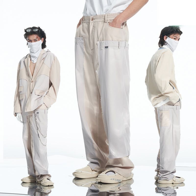 RELABEL（リレーベル）の「RELABEL Light Khaki Shuttle-Woven Patchwork Fake Two-Piece Asymmetrical Dual-Waist Loose Casual Pants（Pants）」